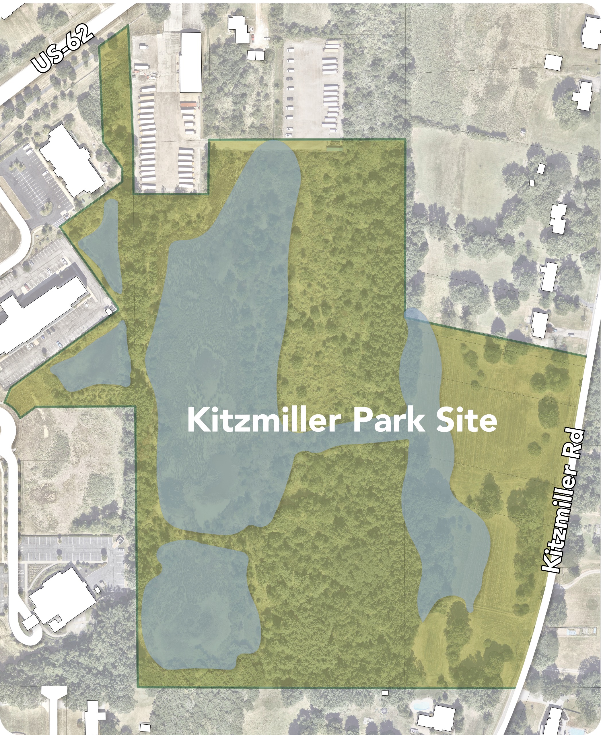 Map of Kitzmiller Park showing site boundaries, wetlands, wooded areas, and surrounding context.